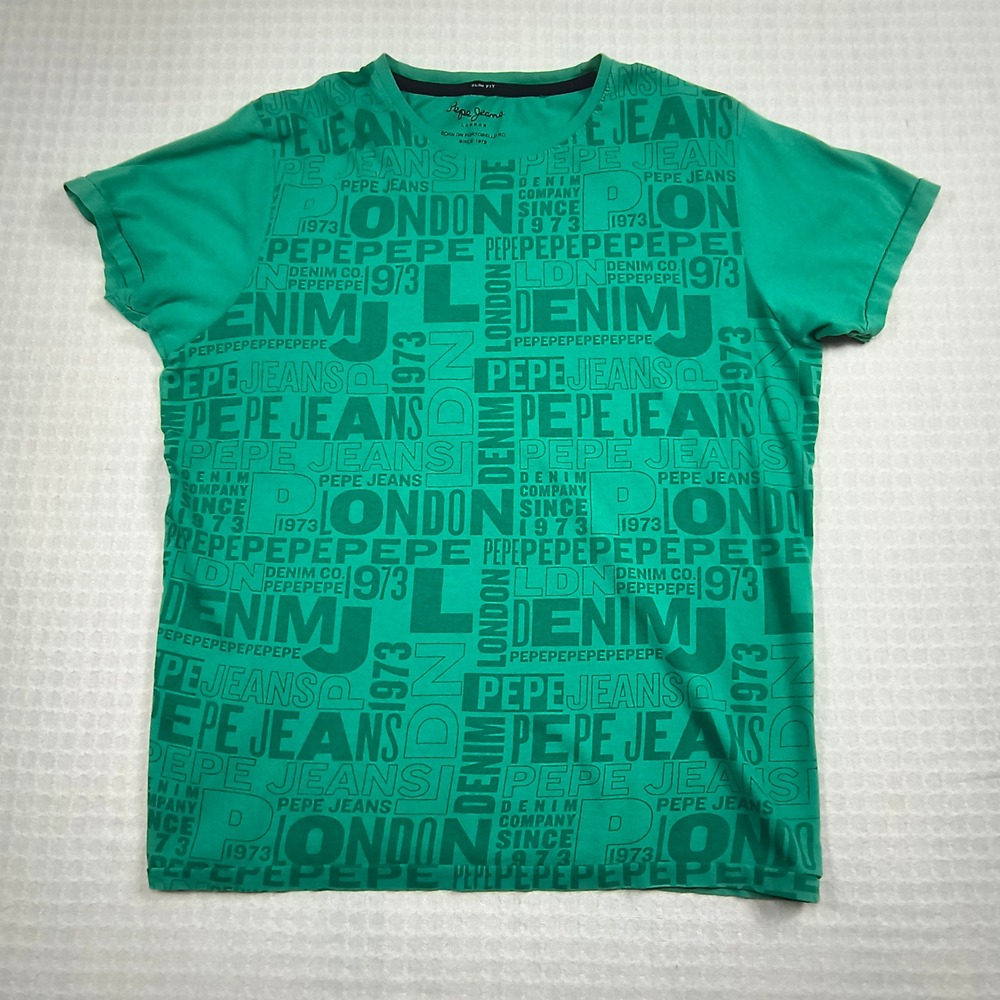 Pepe Jeans London Men Green All Over Print Logo Slim Fit T-Shirt Size M 707